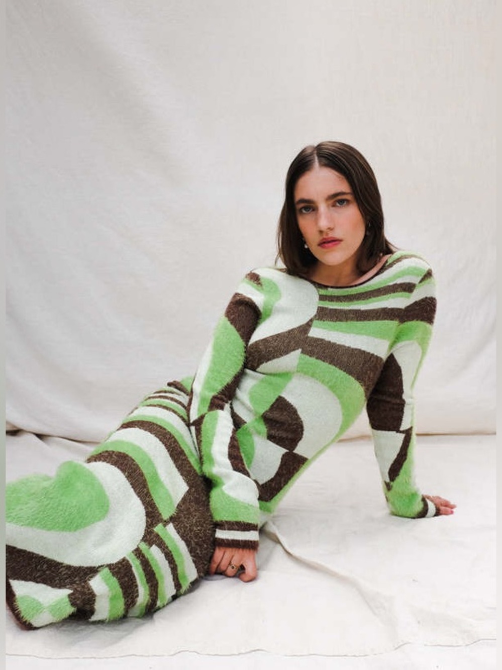 House of Sunny Land Cruise Hockney Sweater Dress in Grass Green/Chocolate Sz 10